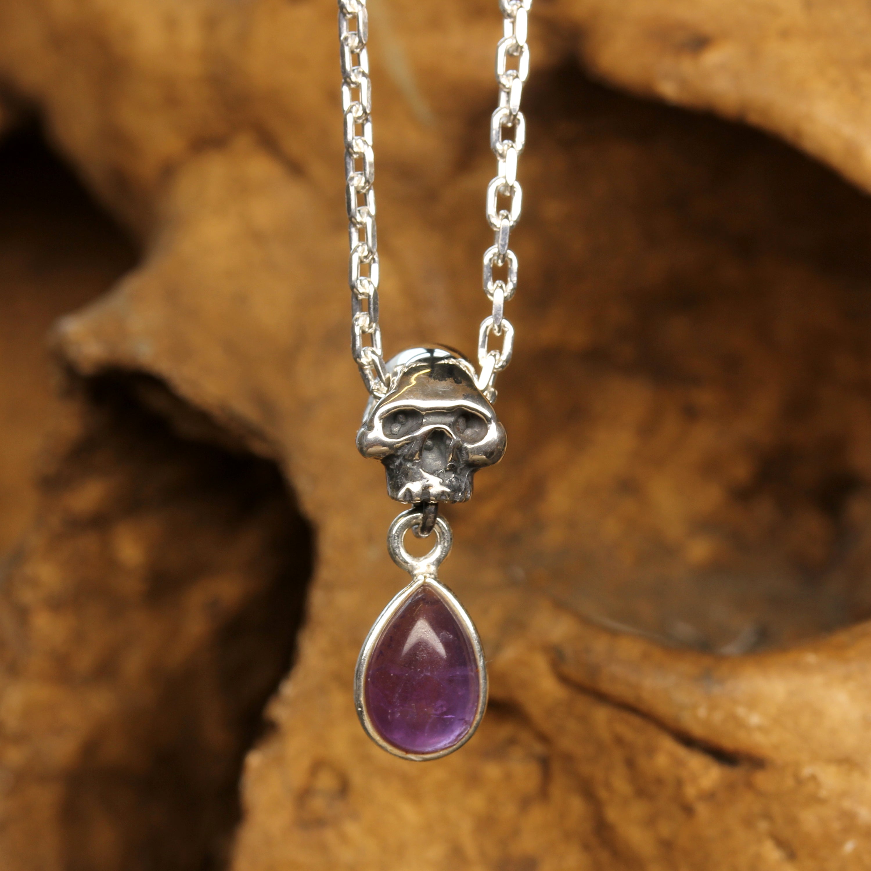 Silver Skull Necklace with Amethyst Pendant Gothic Jewellery