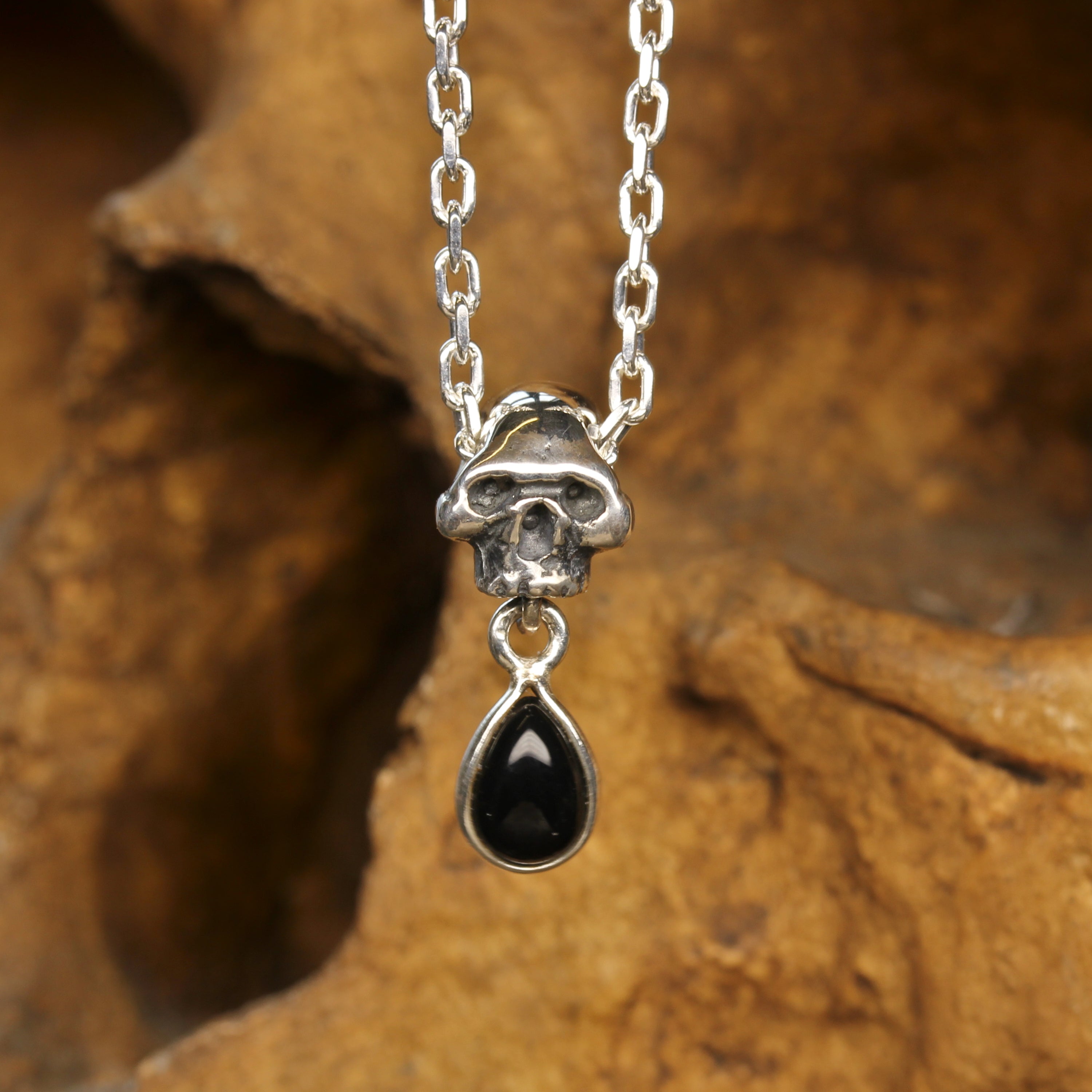 Silver Skull Necklace with Onyx Pendant Gothic Jewellery