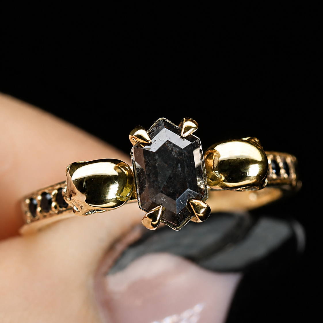 9ct yellow gold skull engagement ring set with hexagon salt and pepper diamond 
