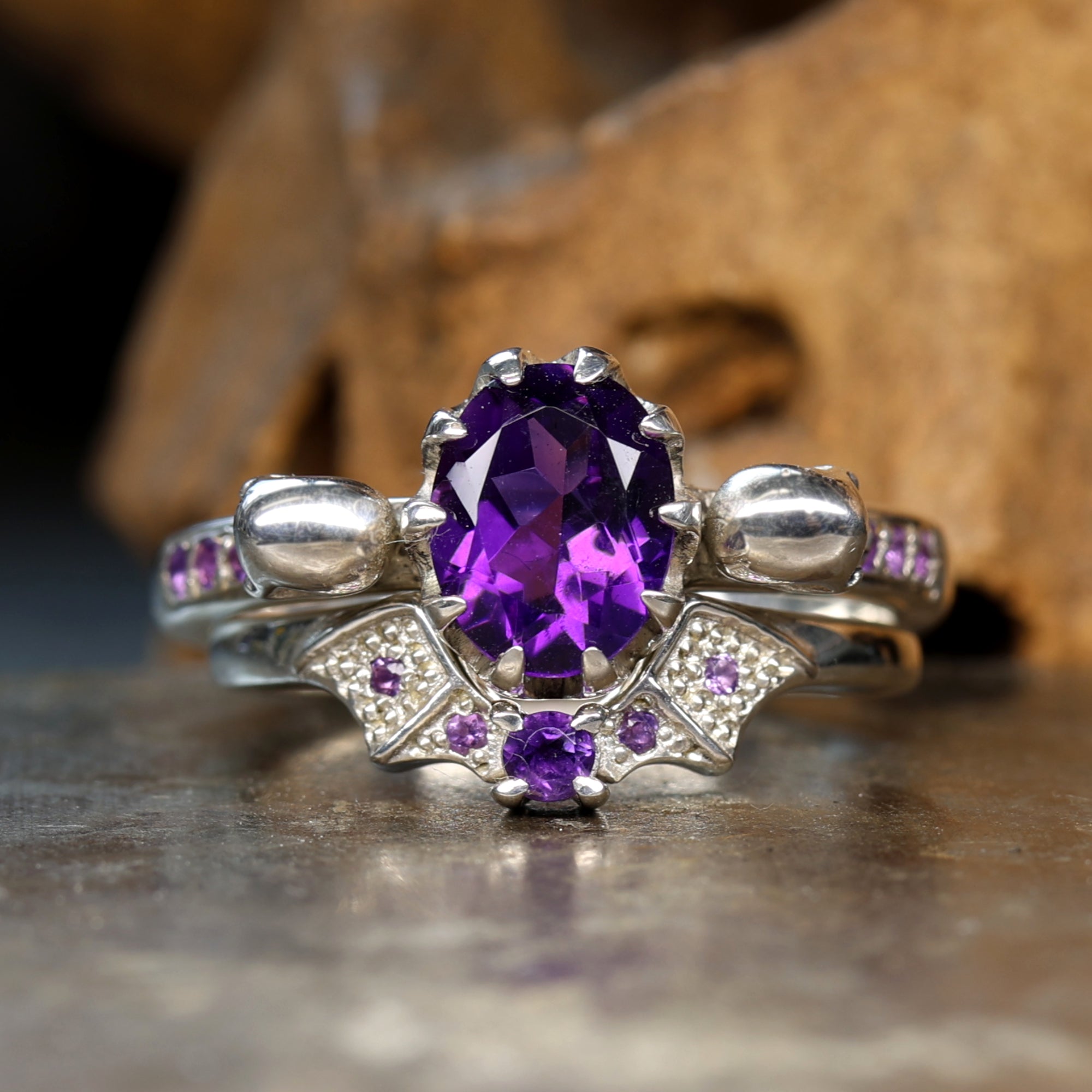 Silver Skull Engagement Ring - Oval Amethyst