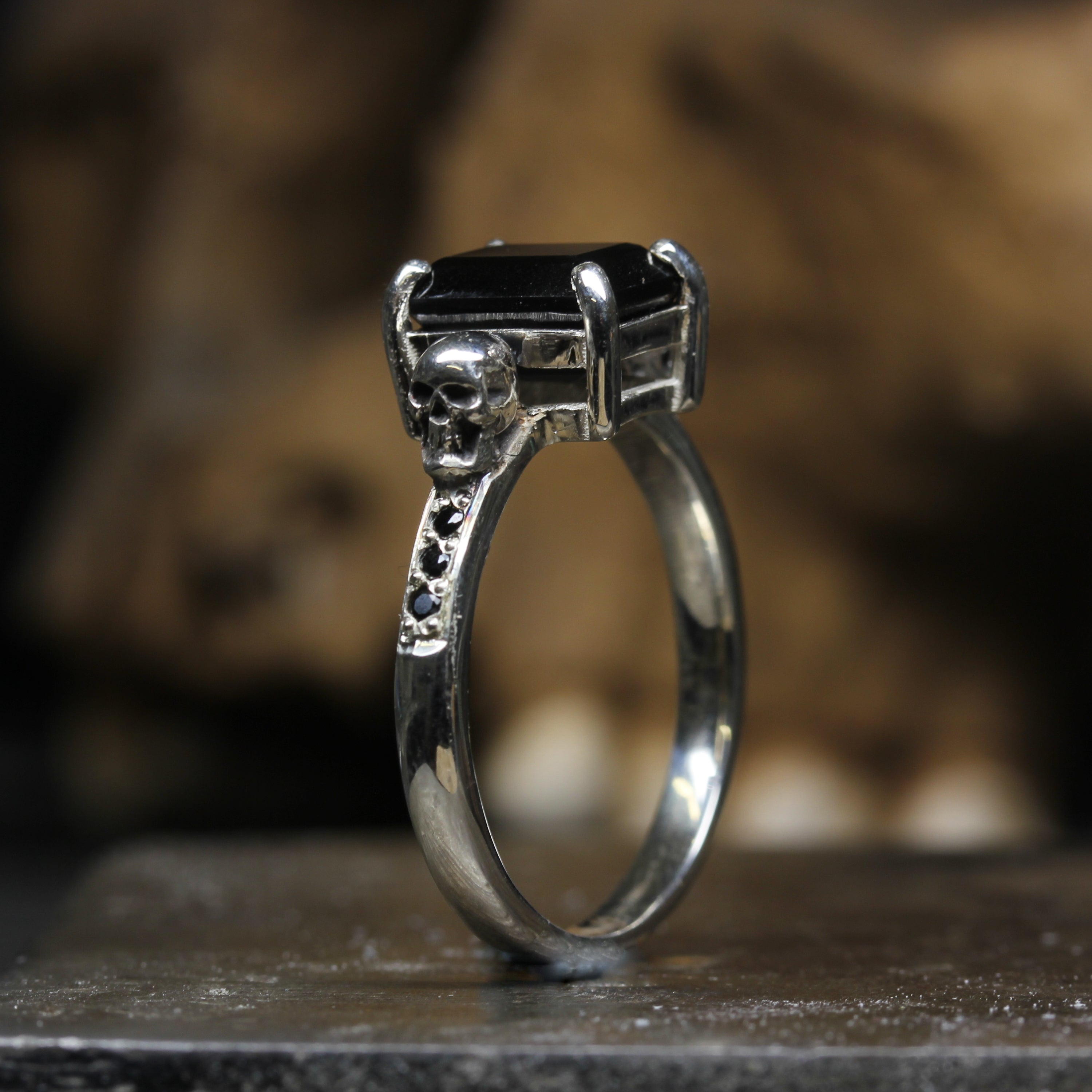 Black Spinel Gothic Skull Engagement Ring