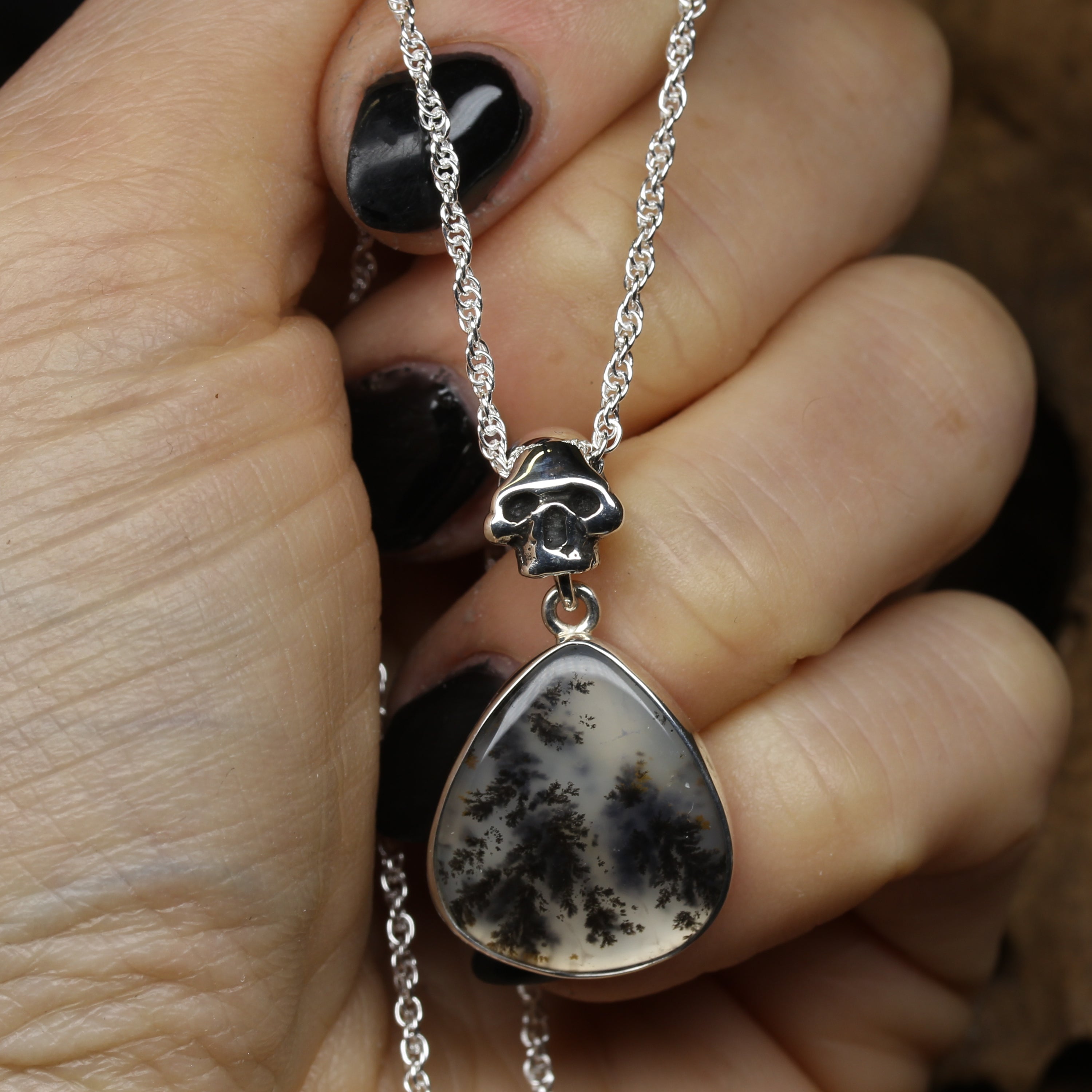 Dendritic Agate Skull Necklace