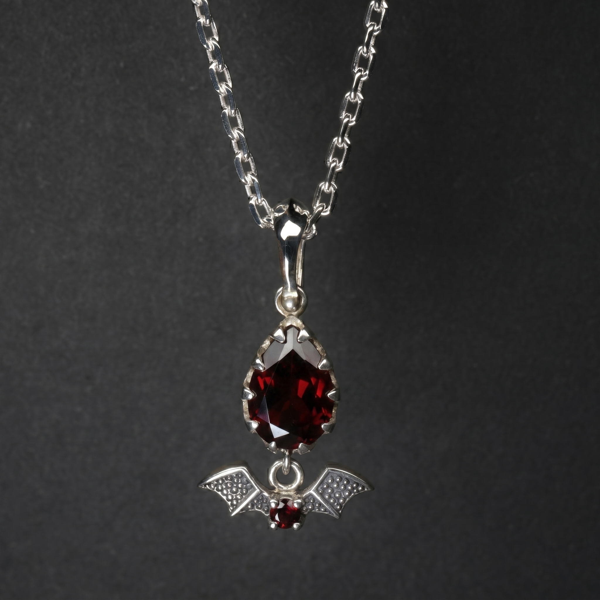 Gothic Bat Necklace - Garnet, Amethyst & Onyx