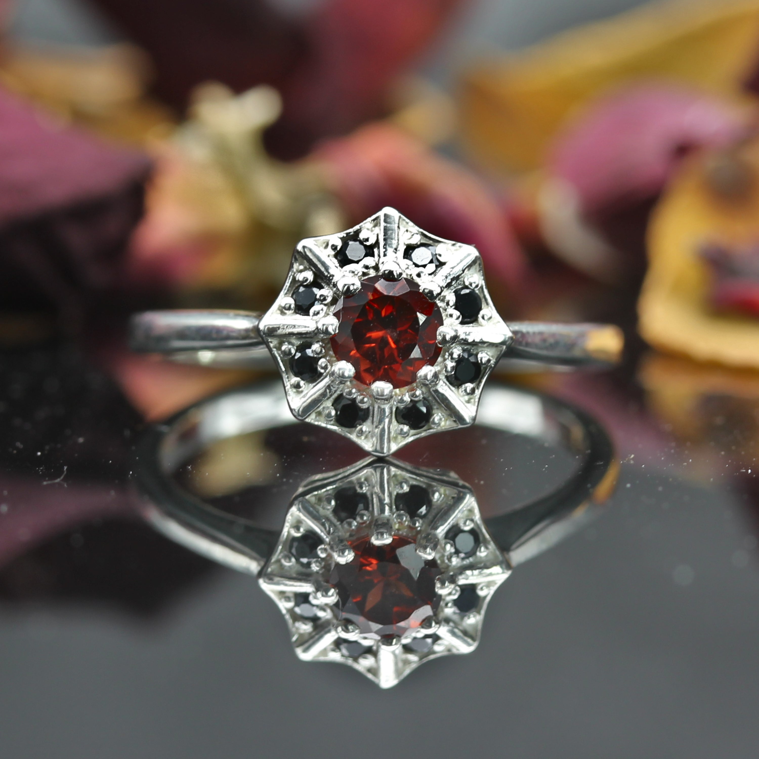 Garnet Spider Web Ring Gold