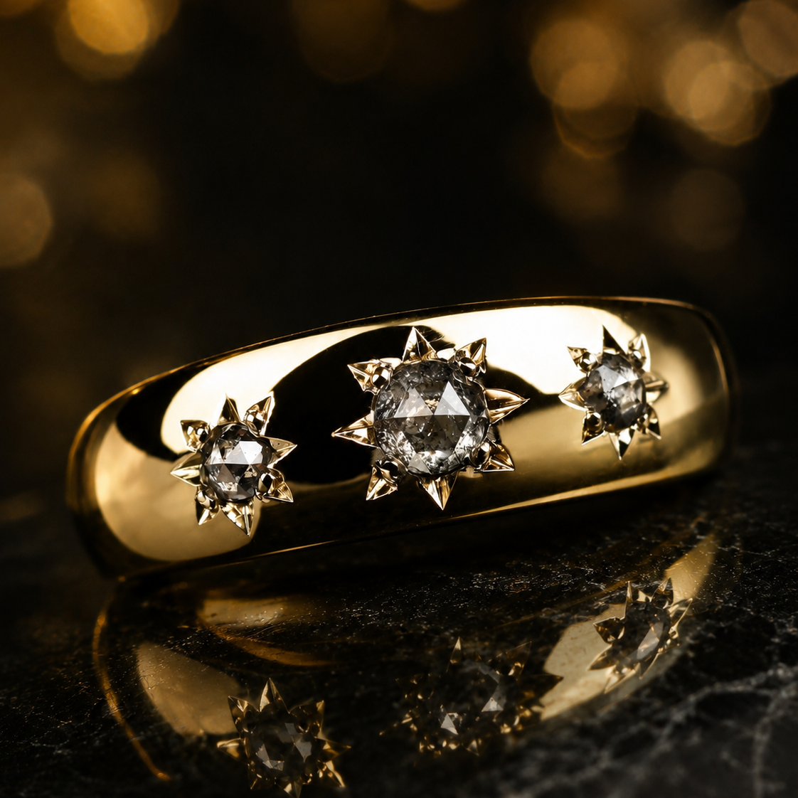 Gothic 9ct yellow gold gypsy ring set with salt and pepper diamonds