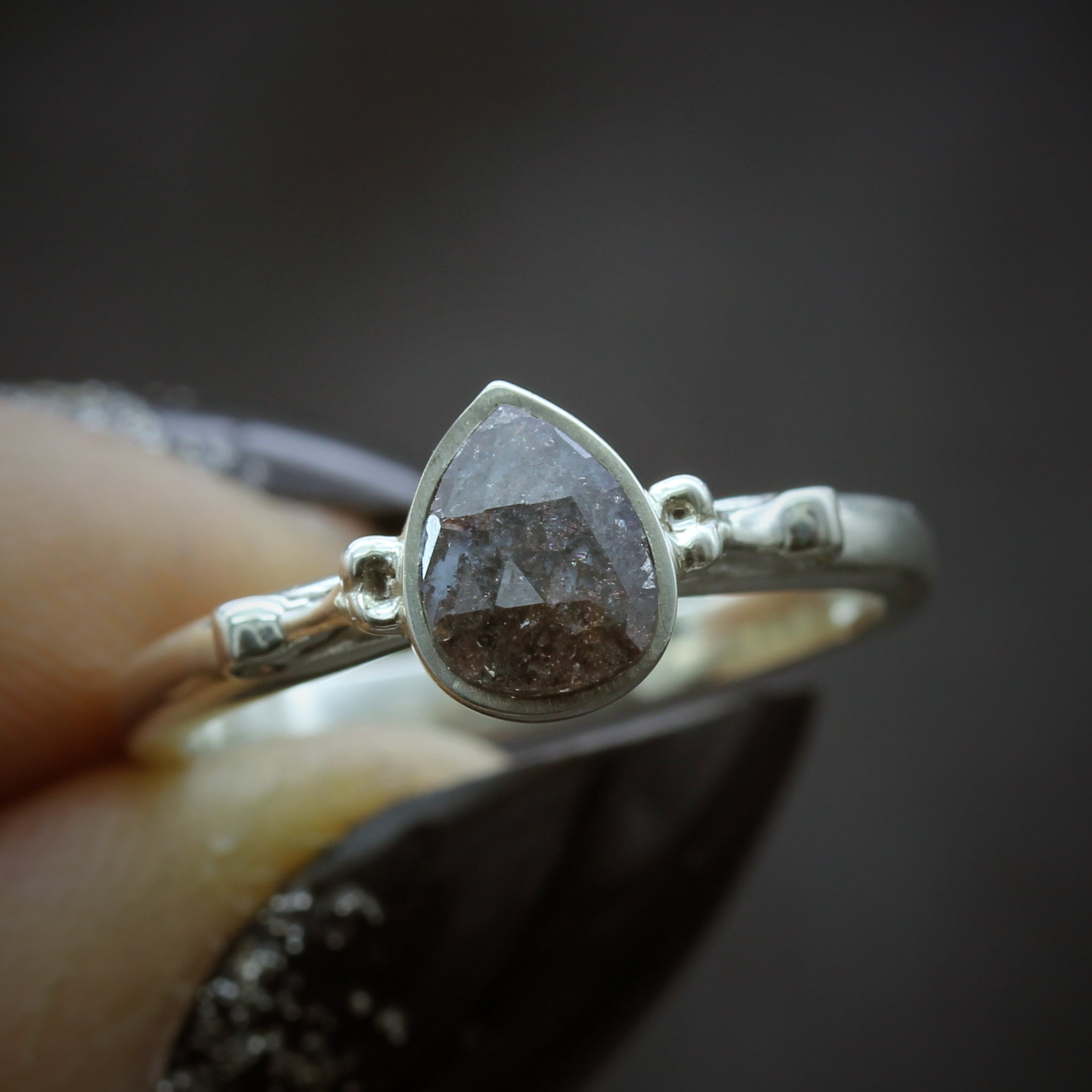 Gothic Gold Engagement ring with salt and pepper diamond