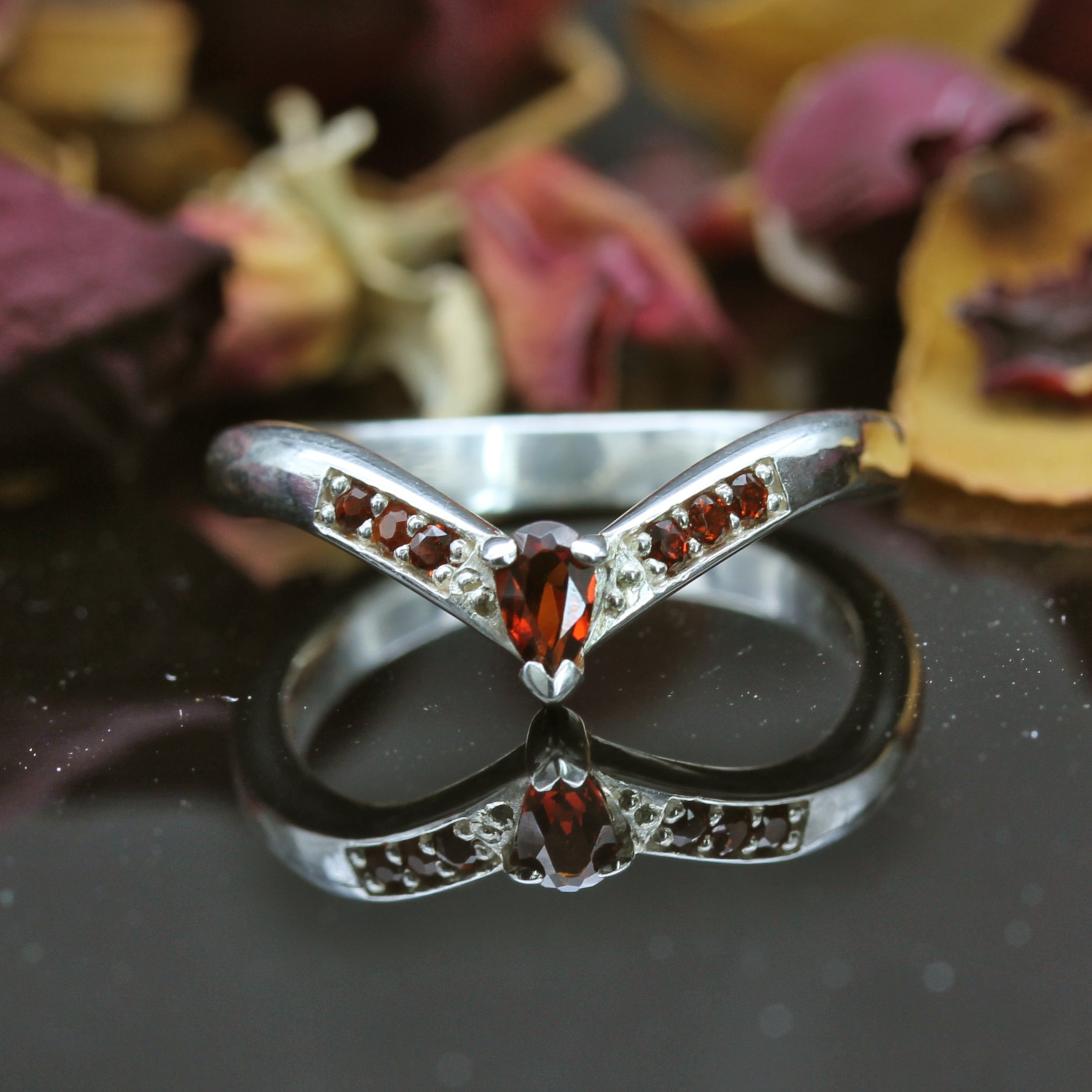 Gold Garnet Gothic Wishbone Wedding Ring