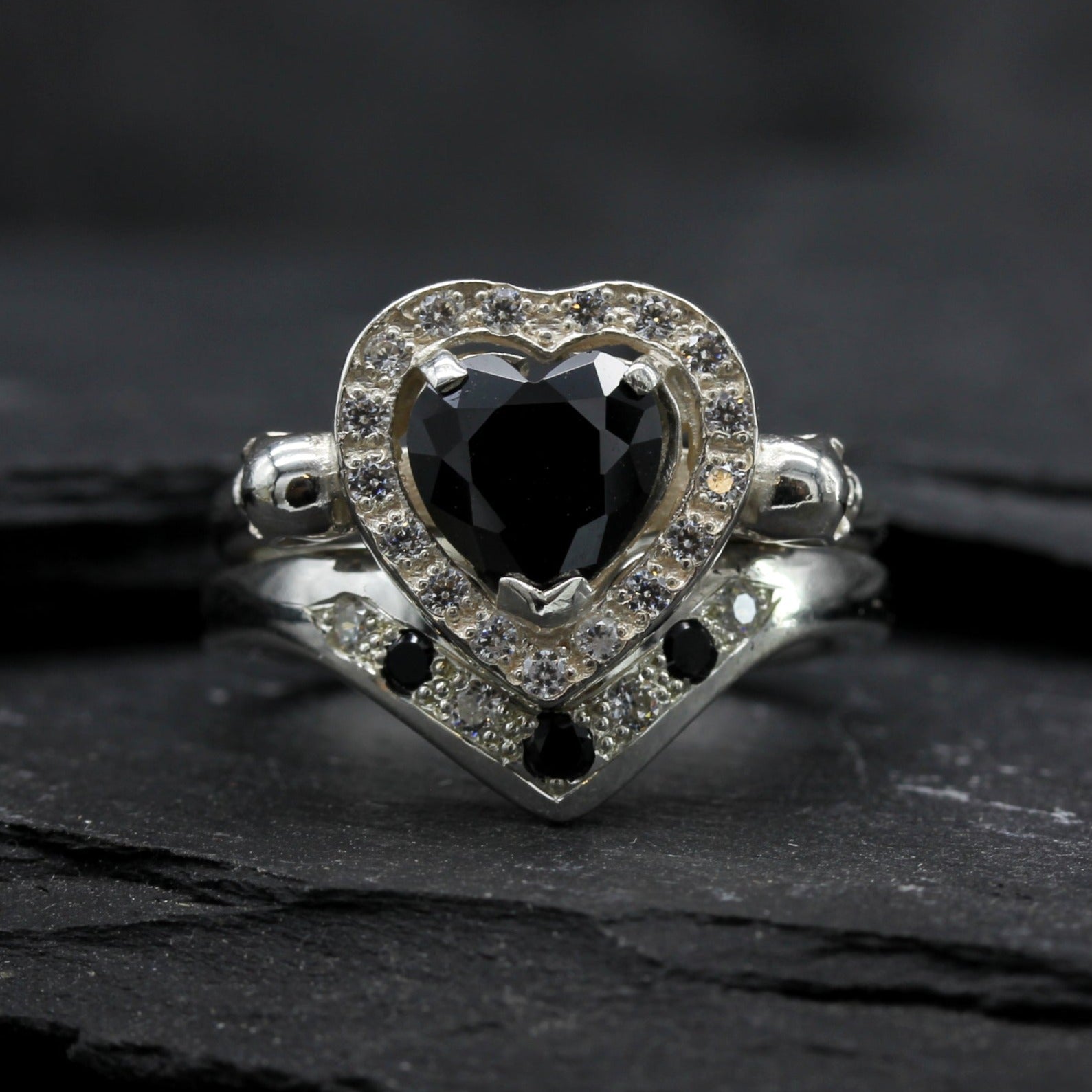 Heart Skull Engagement and Wedding Ring Set
