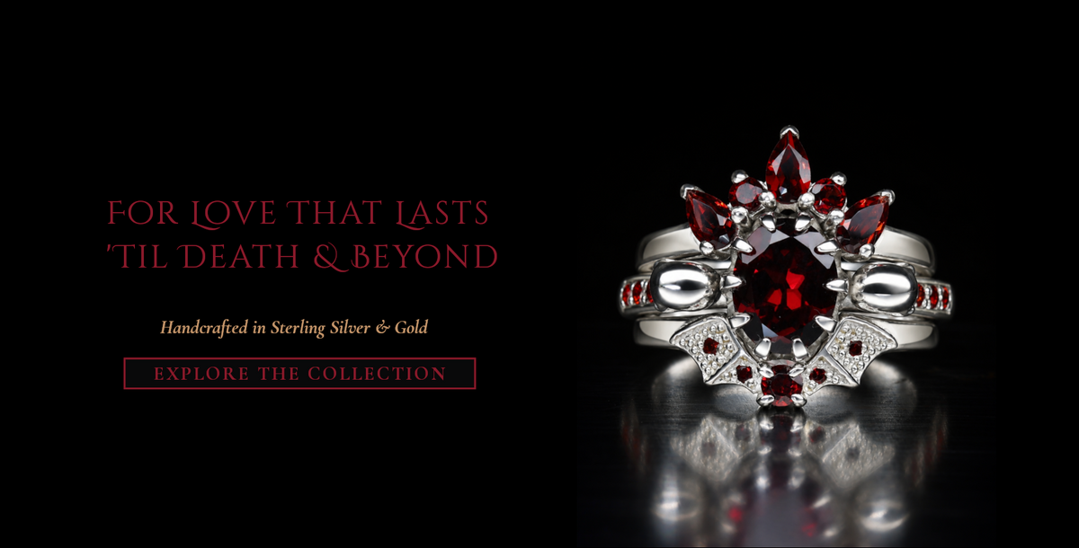 Gothic skull engagement ring, wedding ring and eternity ring