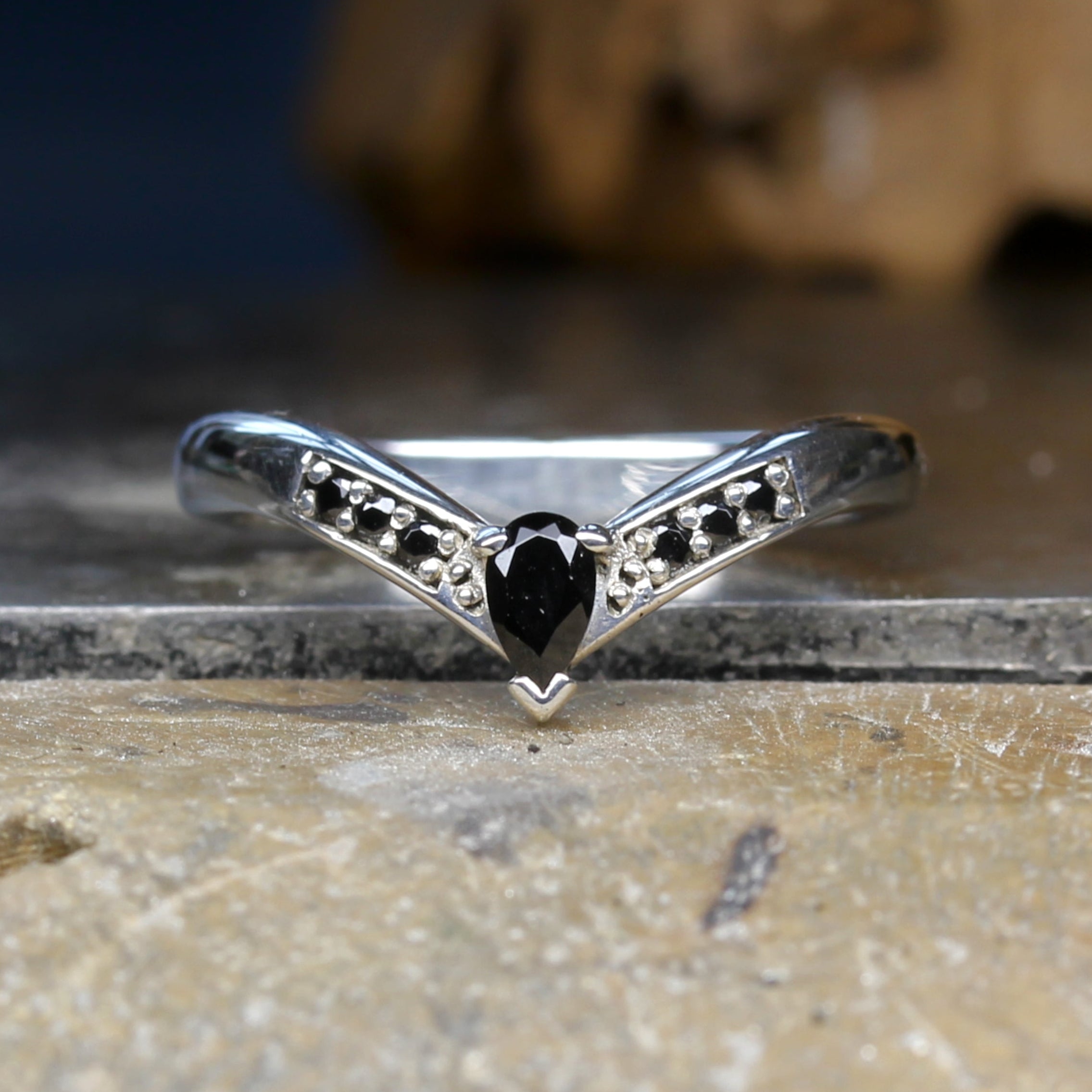 Gothic Wishbone Wedding Ring with Black Gemstones