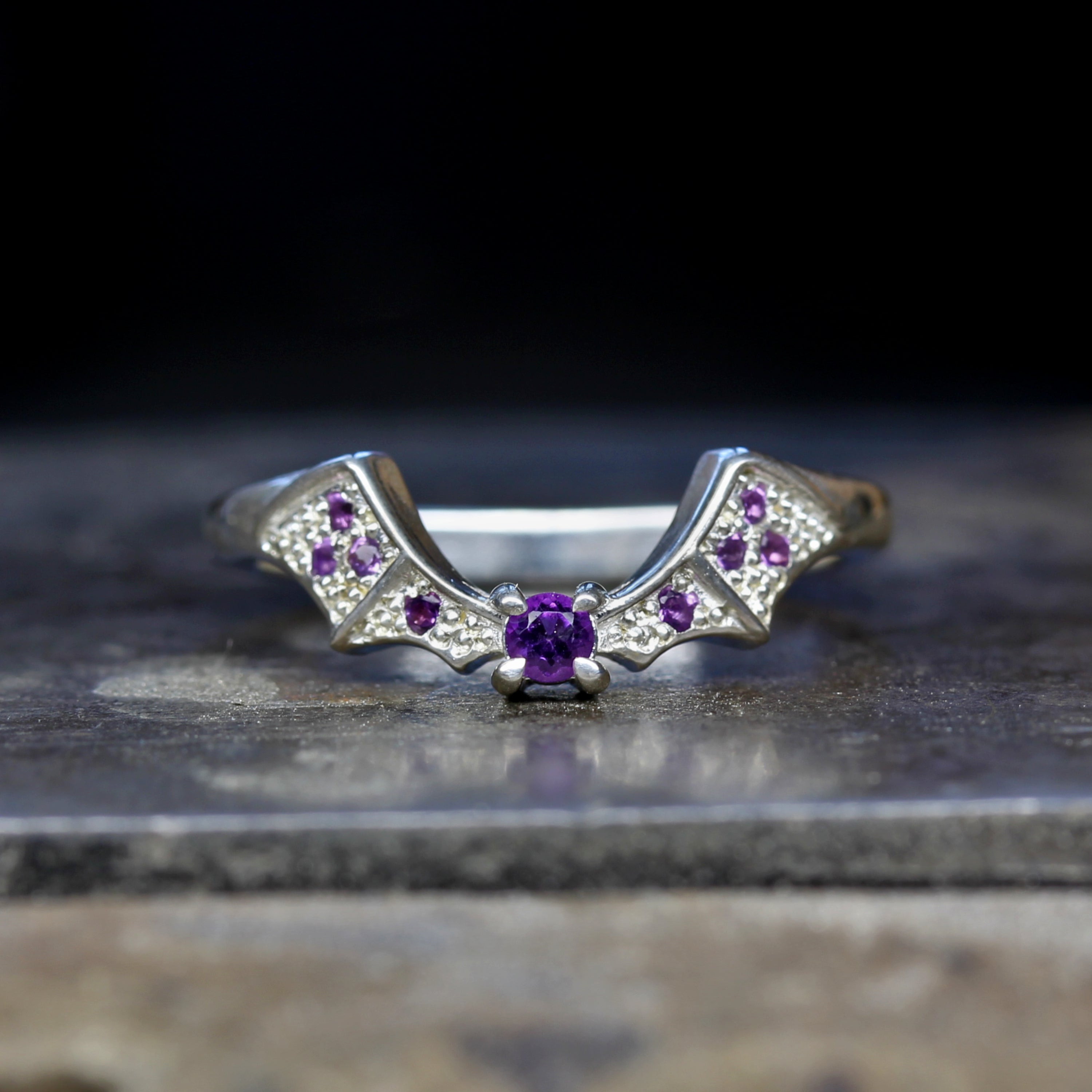 Gothic Amethyst Bat Wedding Ring