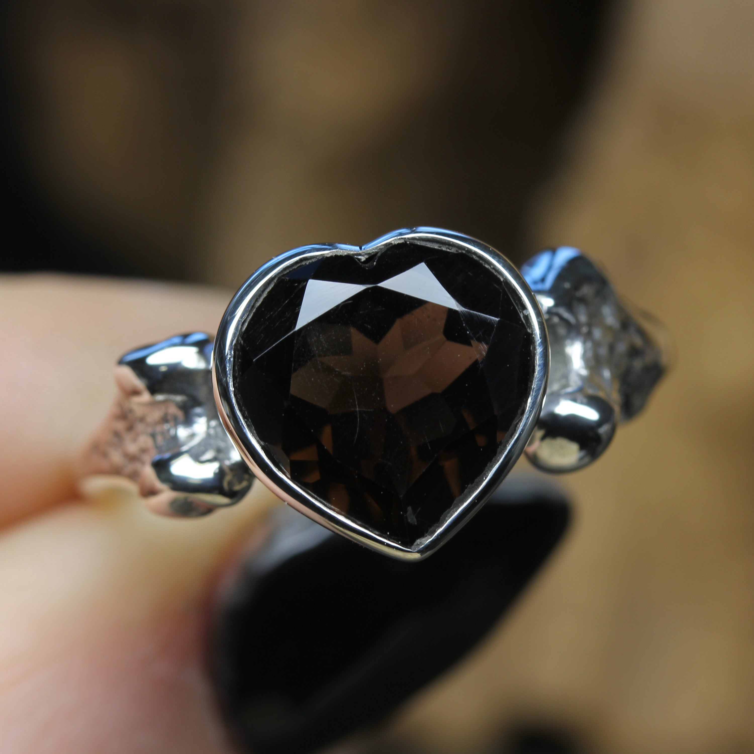 Gothic Smokey Quartz Heart Bone Ring