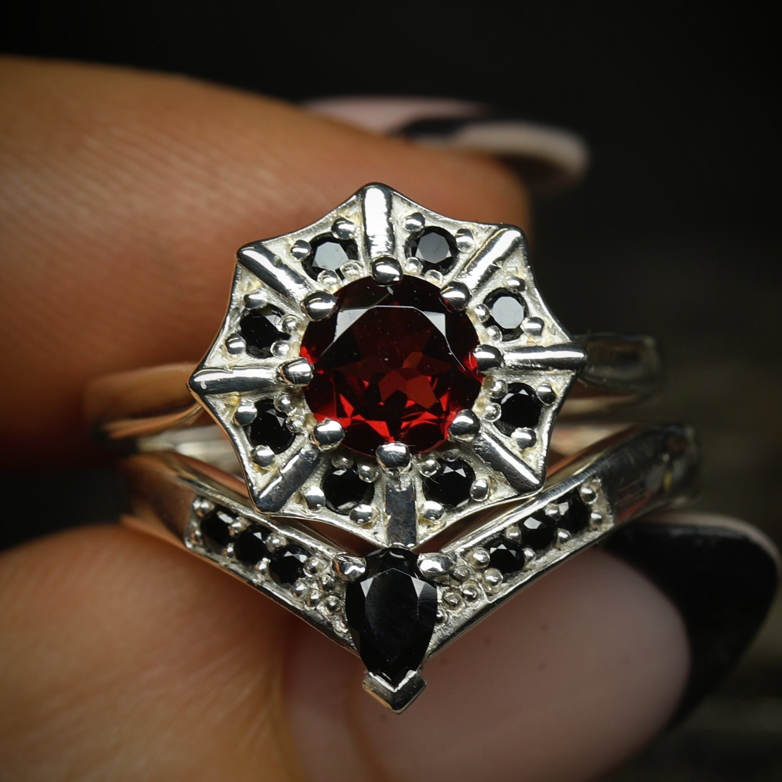 Garnet Gothic Spider Web Engagement Ring 