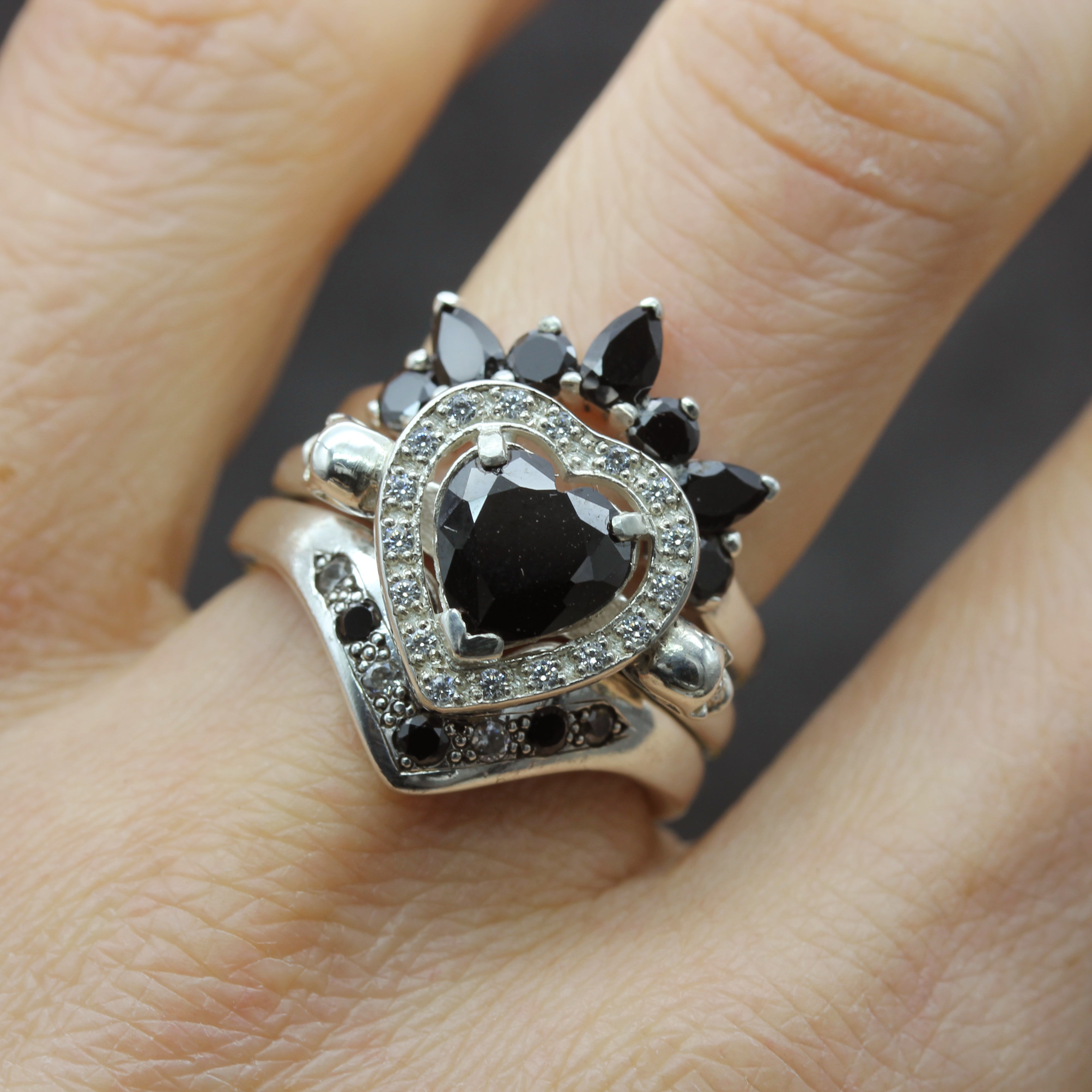 Skull Heart Engagement Ring and Gothic Wedding Ring Set