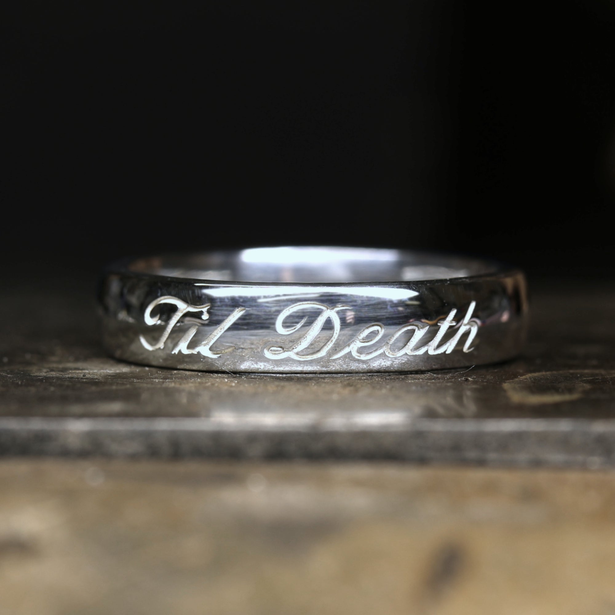 Mens White Gold Til Death Wedding Band