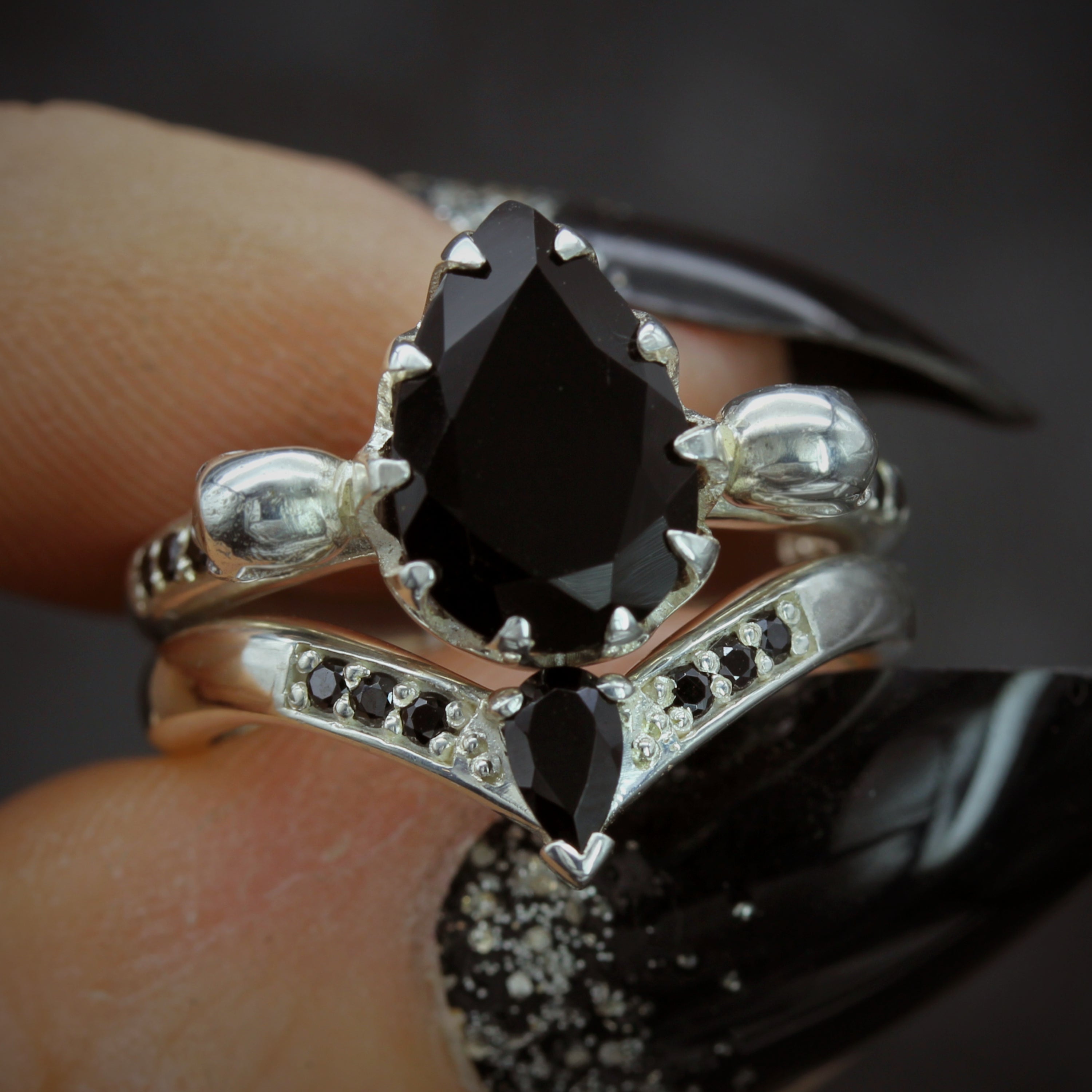 Onyx Skull Engagement Ring and Gothic Wishbone Wedding Ring 