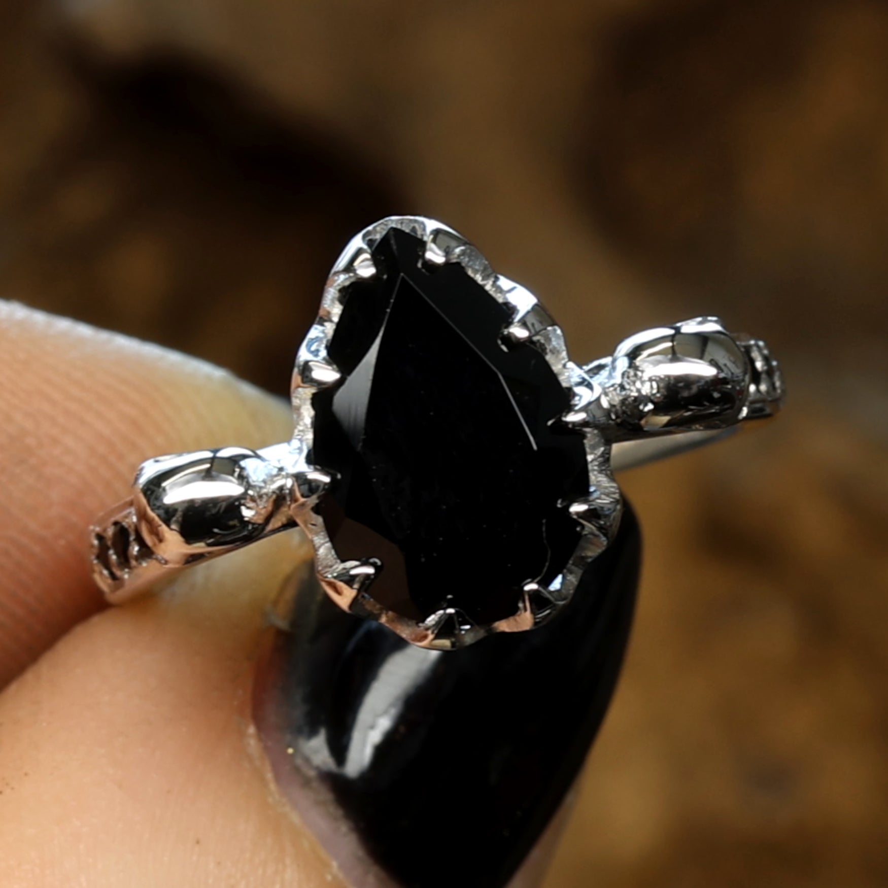 Skull Engagement Ring - Pear Onyx