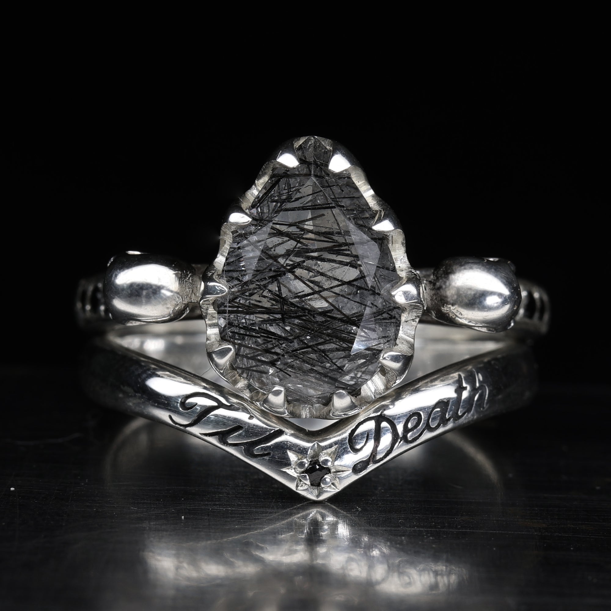 Skull Engagement Ring - Pear Tourmalated Quartz