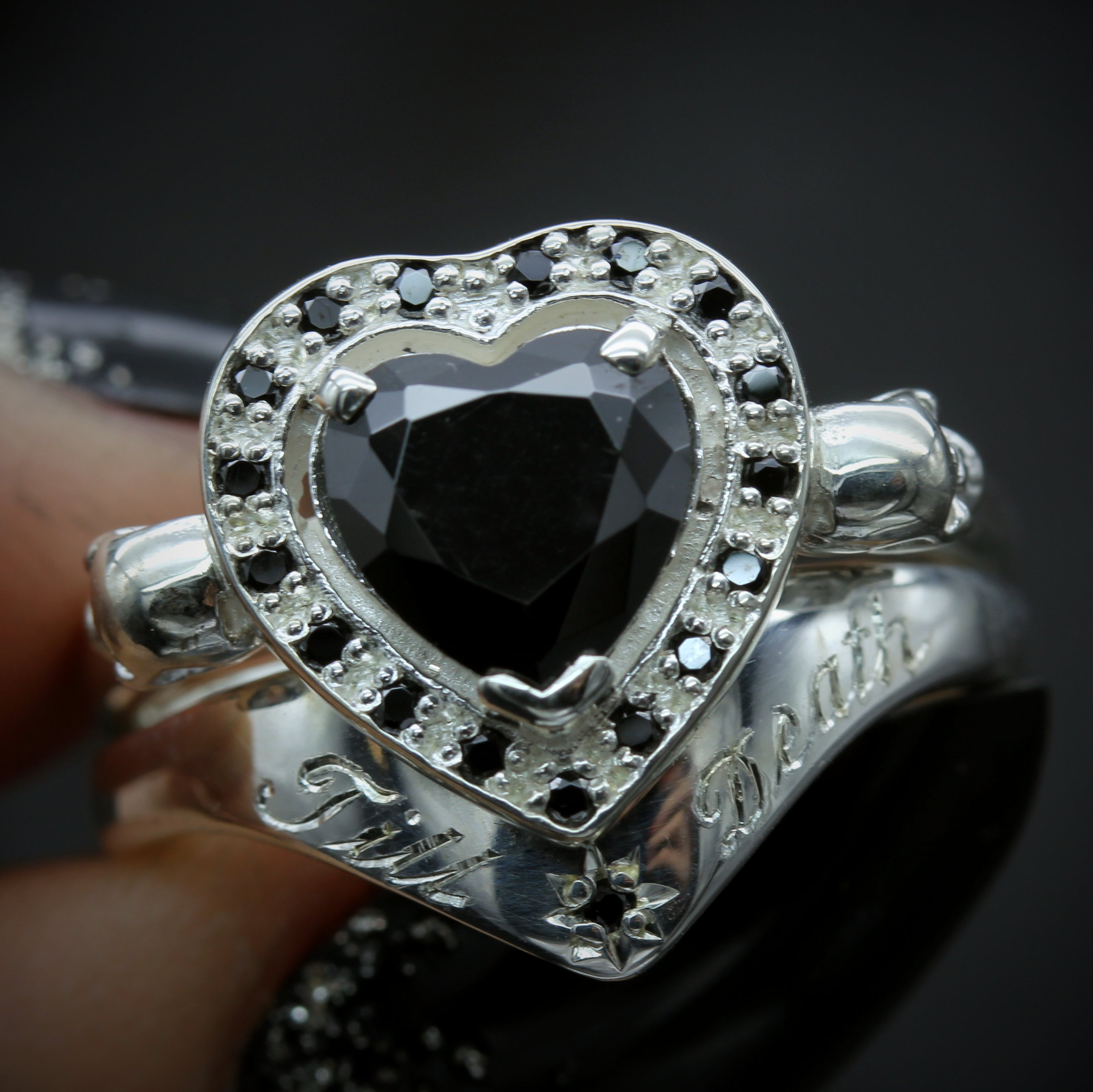 Gothic Heart Engagement Ring and Till Death Wedding Ring