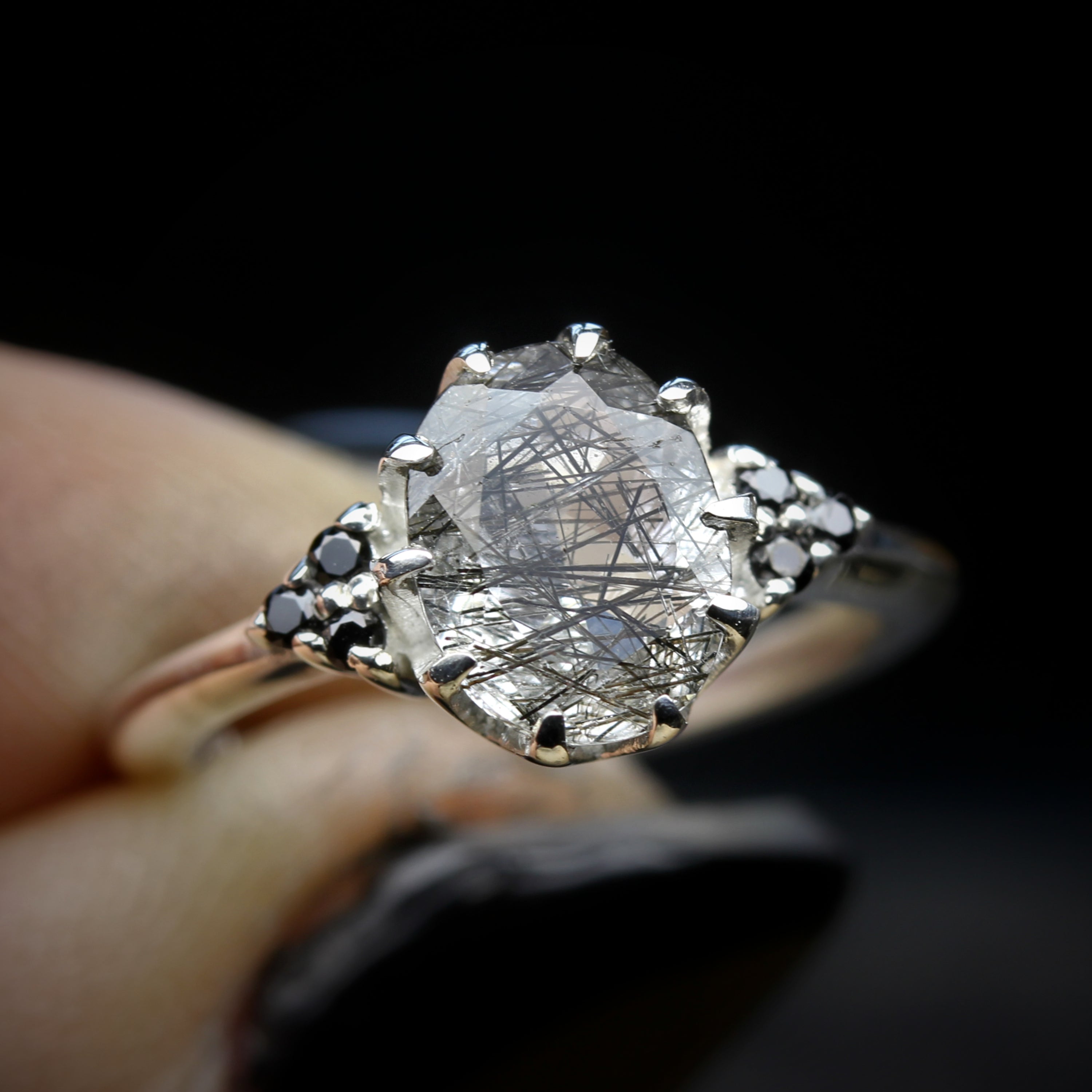 Black Trefoil Engagement Ring - Oval Spinel Gothic Silver band