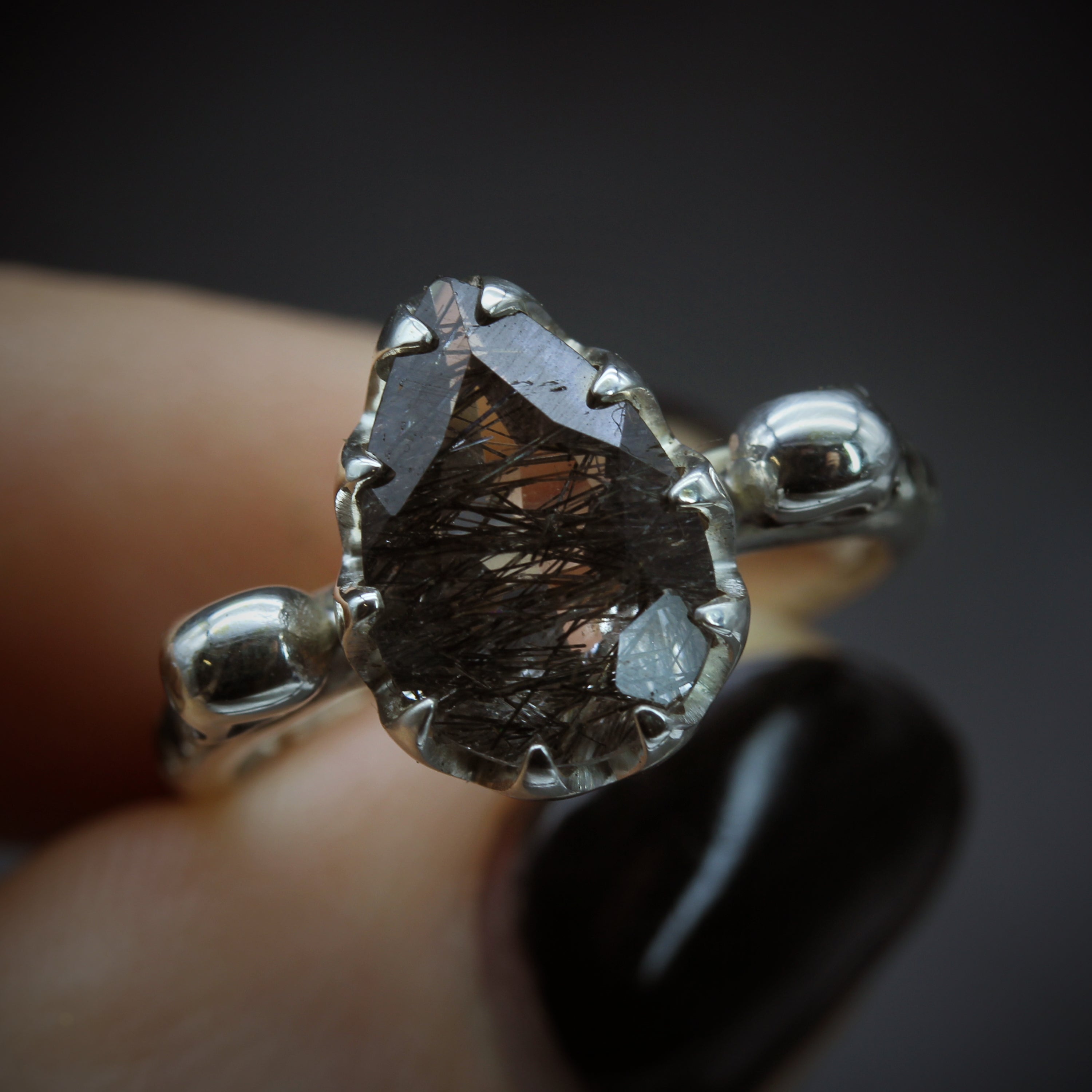 Tourmalated Quartz Gothic Silver Skull Engagement Ring