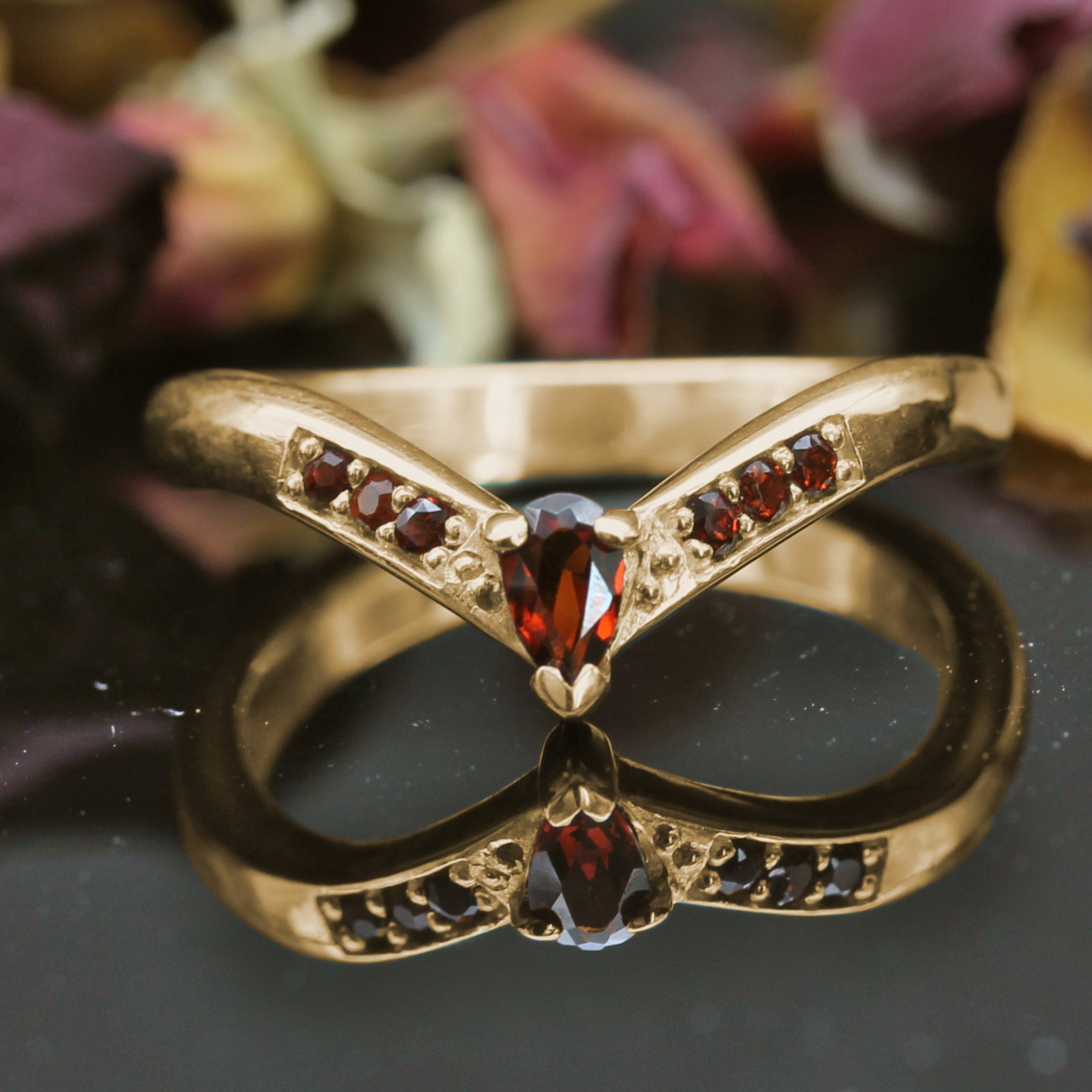 Yellow Gold Garnet Wishbone Wedding Ring. Gothic Jewellery