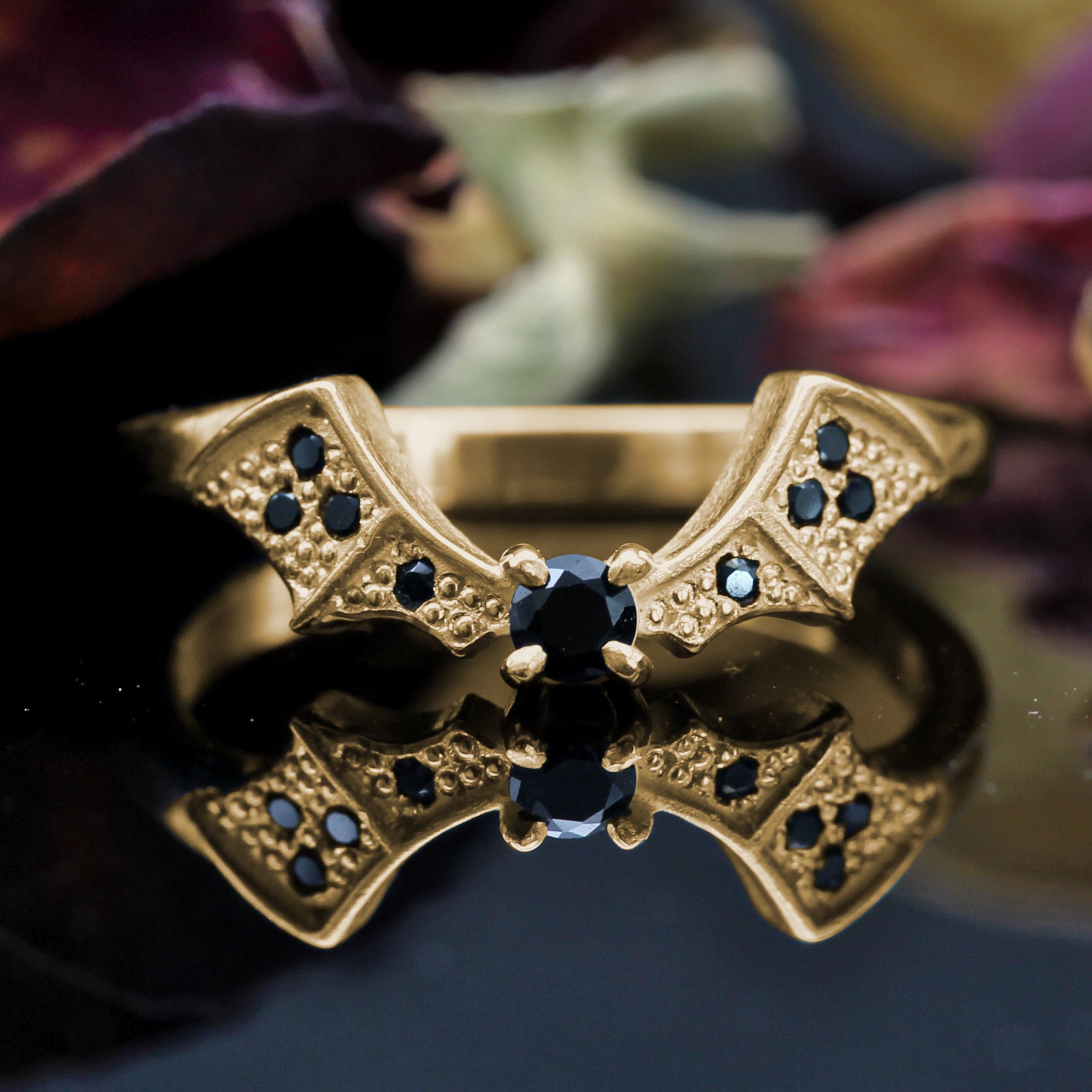 Yellow Gold Gothic Bat Wedding Ring with Black Gemstones