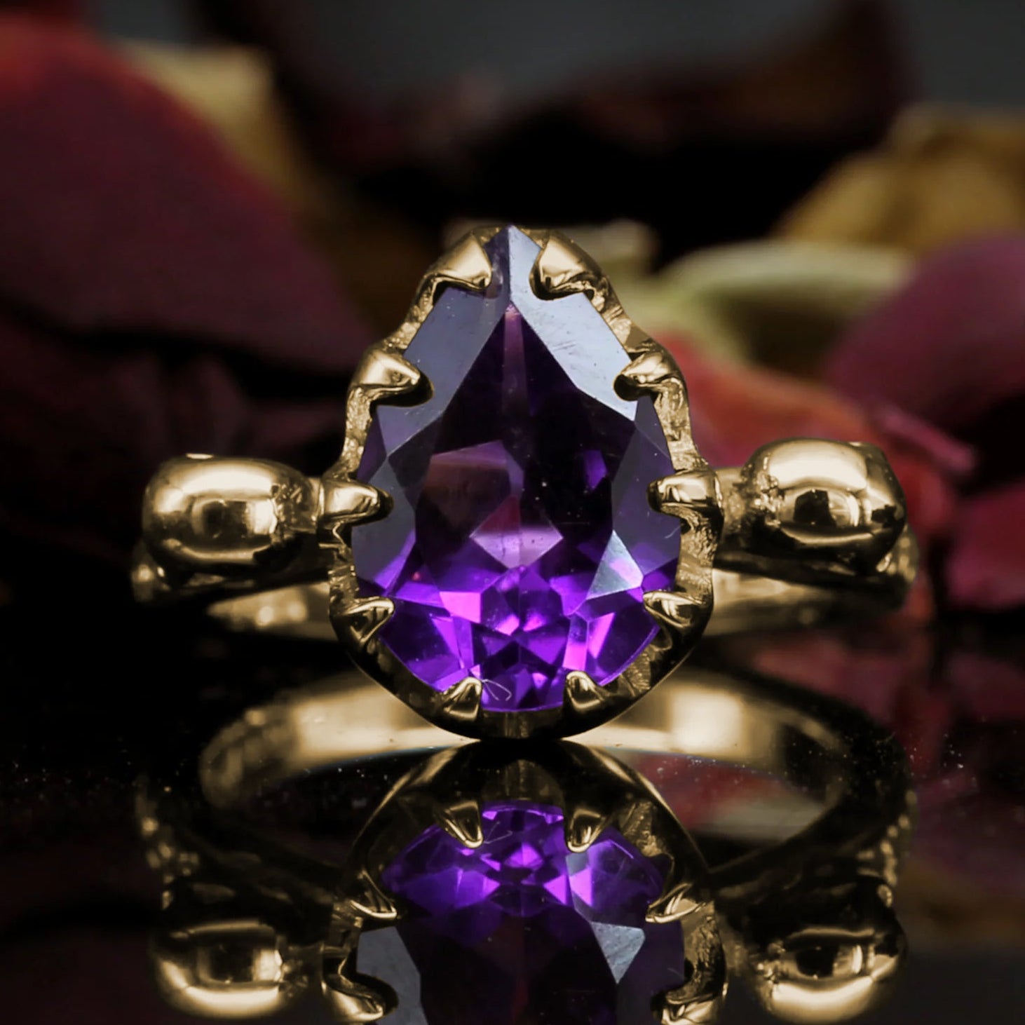 Yellow Gold Skull Engagement Ring set with Pear Cut Amethyst. Gothic Jewellery