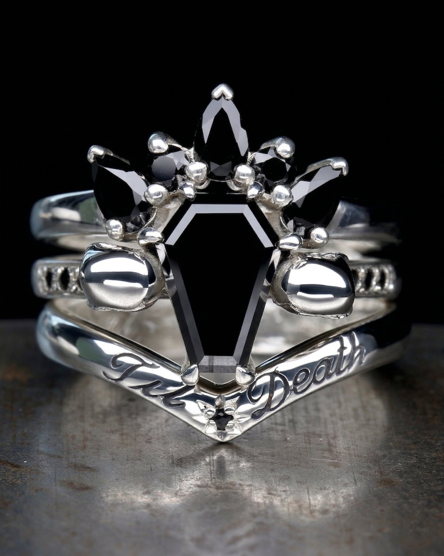 Silver gothic engagement ring with black gemstone and 'Death' engraving 