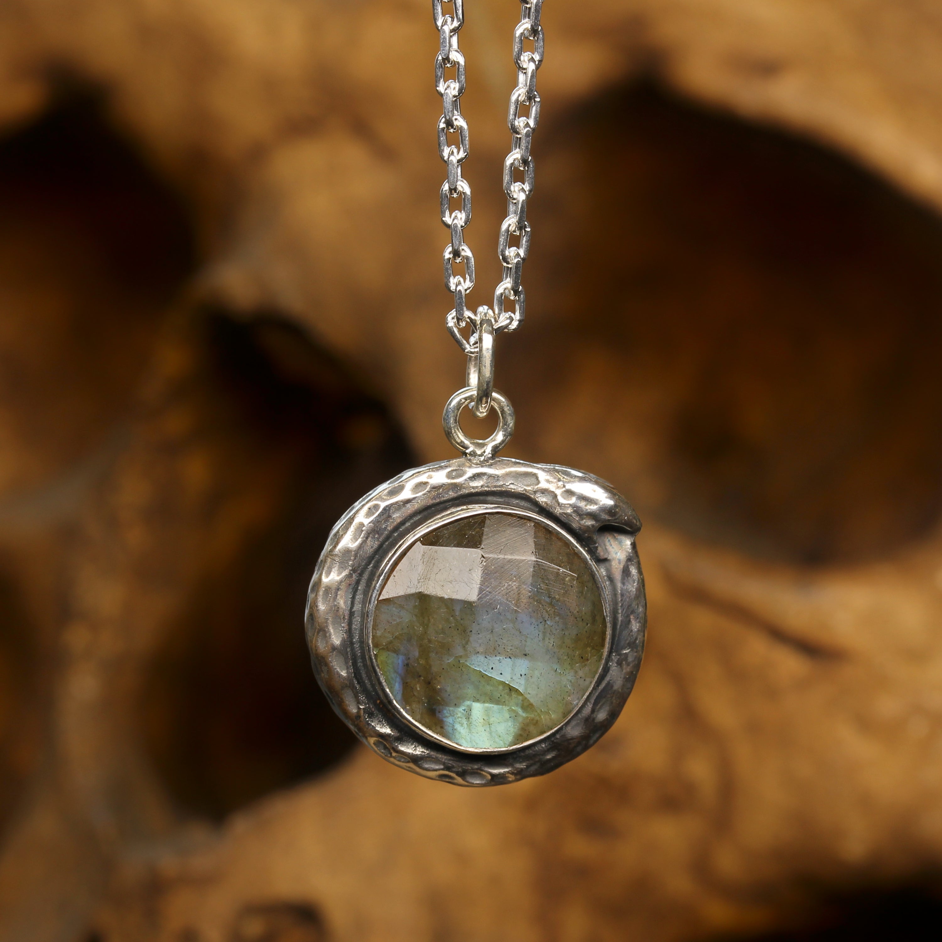 Silver Ouroboros Snake Necklace with Labradorite Pendant