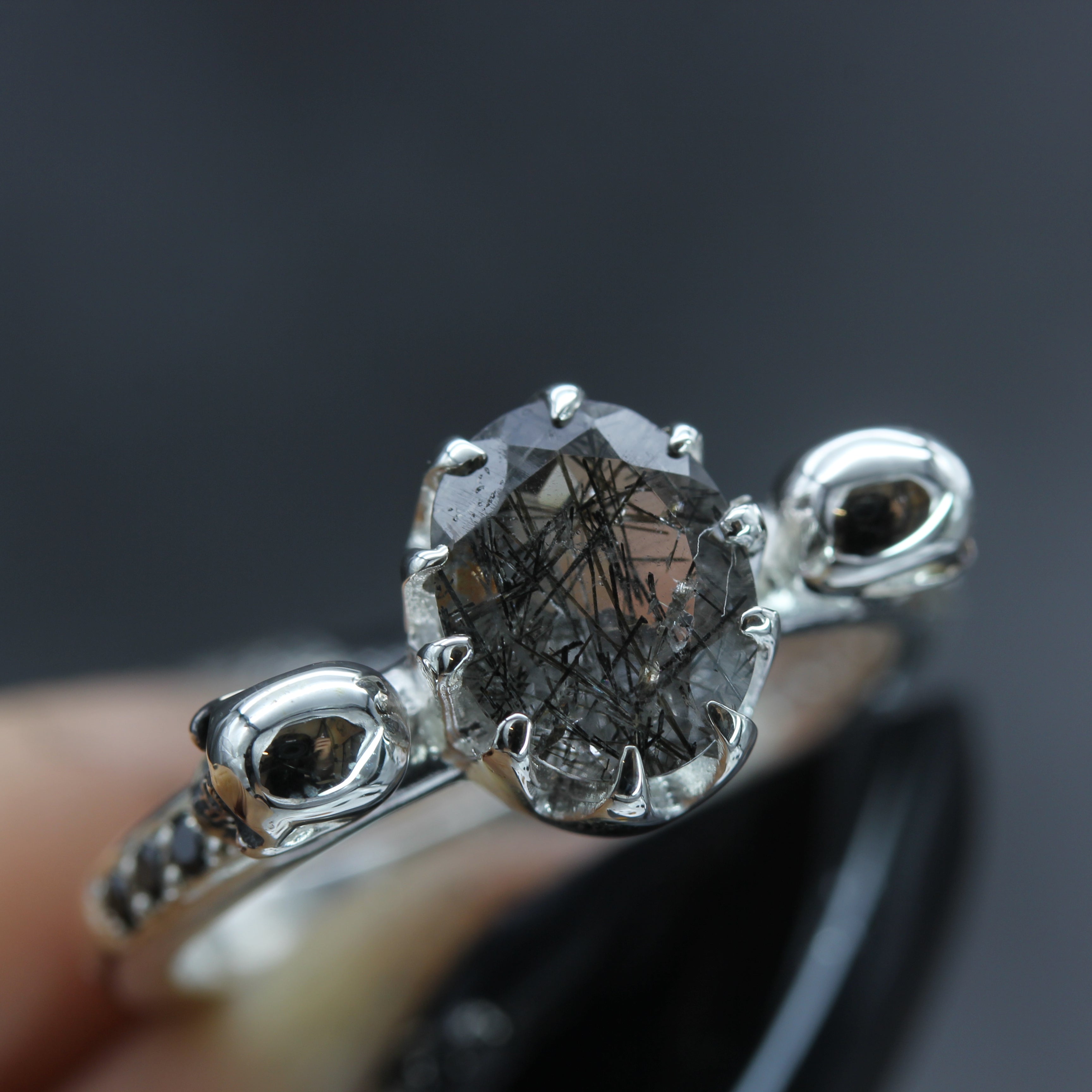 Oval Tourmalated Quartz Skull Engagement Ring