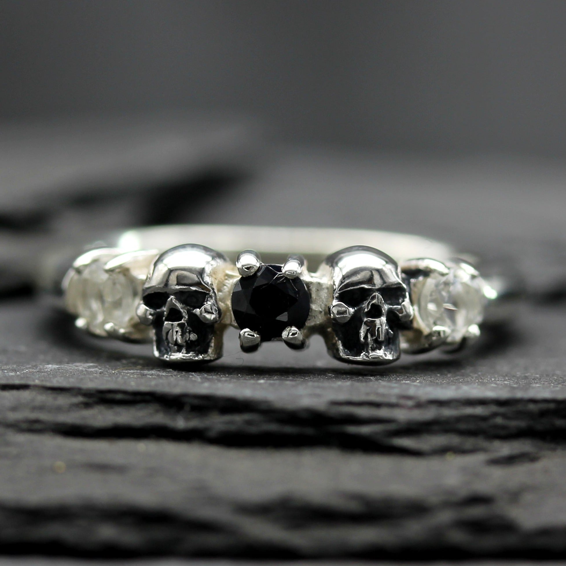 White Topaz and Black Sapphire Skull Wedding Ring